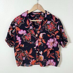 Laundry by Shelli Segal Linen Black Floral Button Down Cropped Shirt Tropical